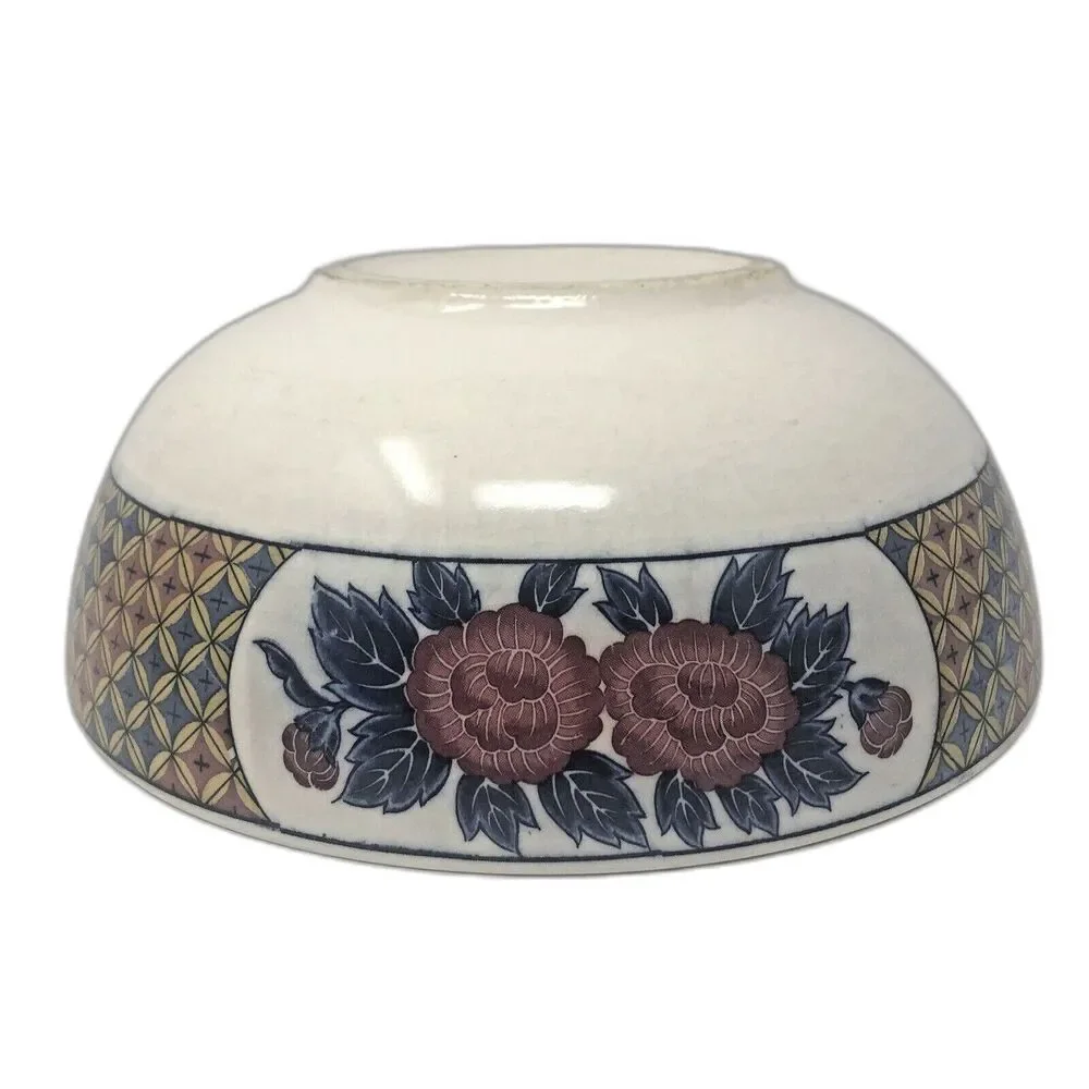 Japanese Arita Imari Bowl Blue Cream Gold Flowers Birds Vintage Porcelain 9 3/4
